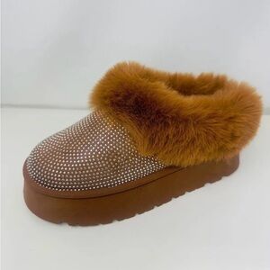 Wild Diva Women's Chesnut Rhinestone Embellished Fur platform booties